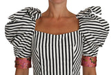 Dolce & Gabbana White Black Striped Cropped Top Puff Sleeve Shirts.