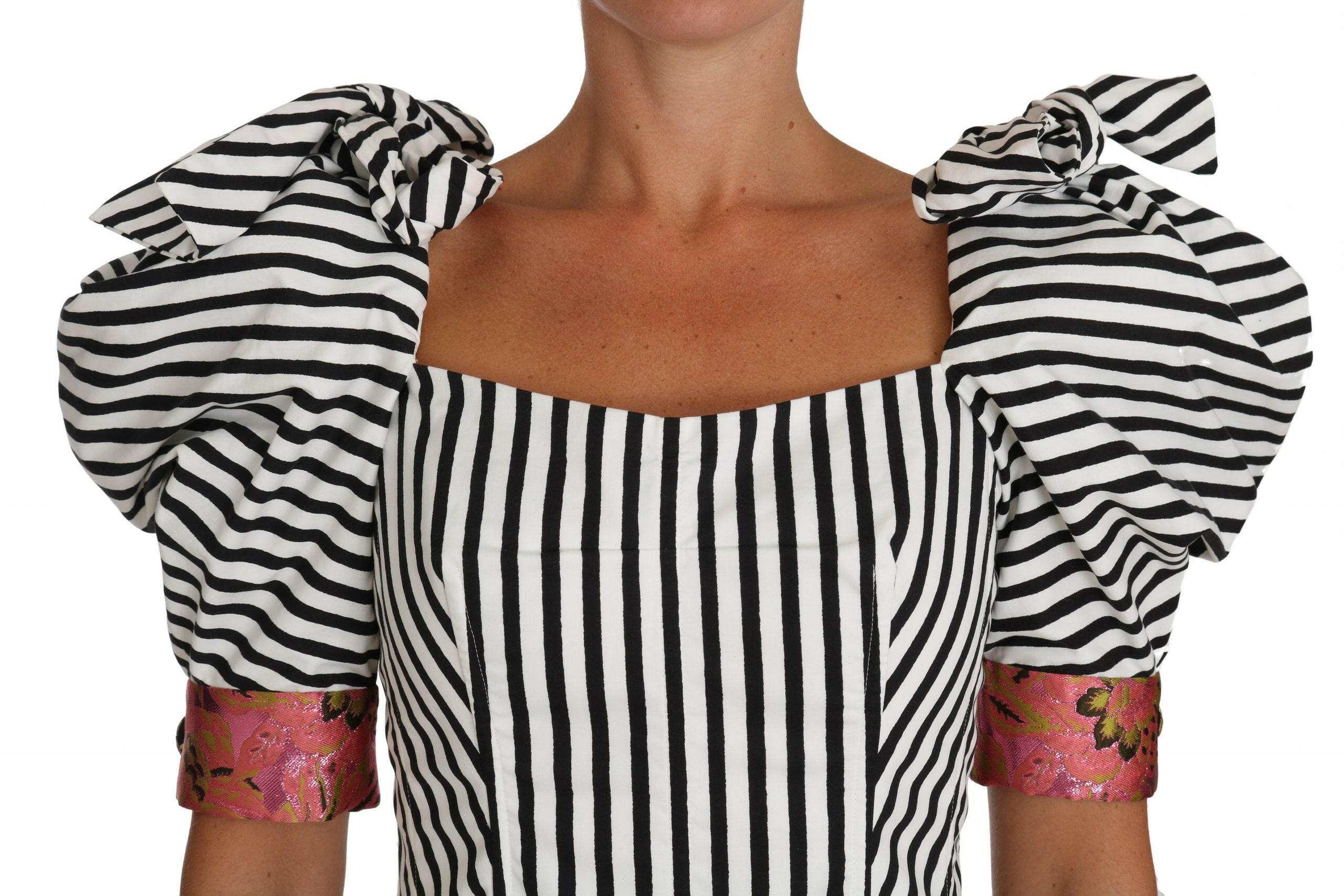 Dolce & Gabbana White Black Striped Cropped Top Puff Sleeve Shirts.