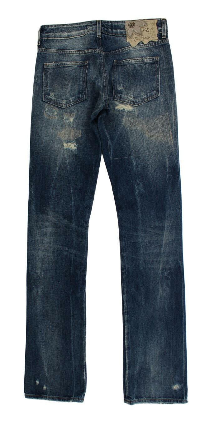 Cavalli Blue Wash Torn Cotton Straight Fit Jeans - GENUINE AUTHENTIC BRAND LLC  