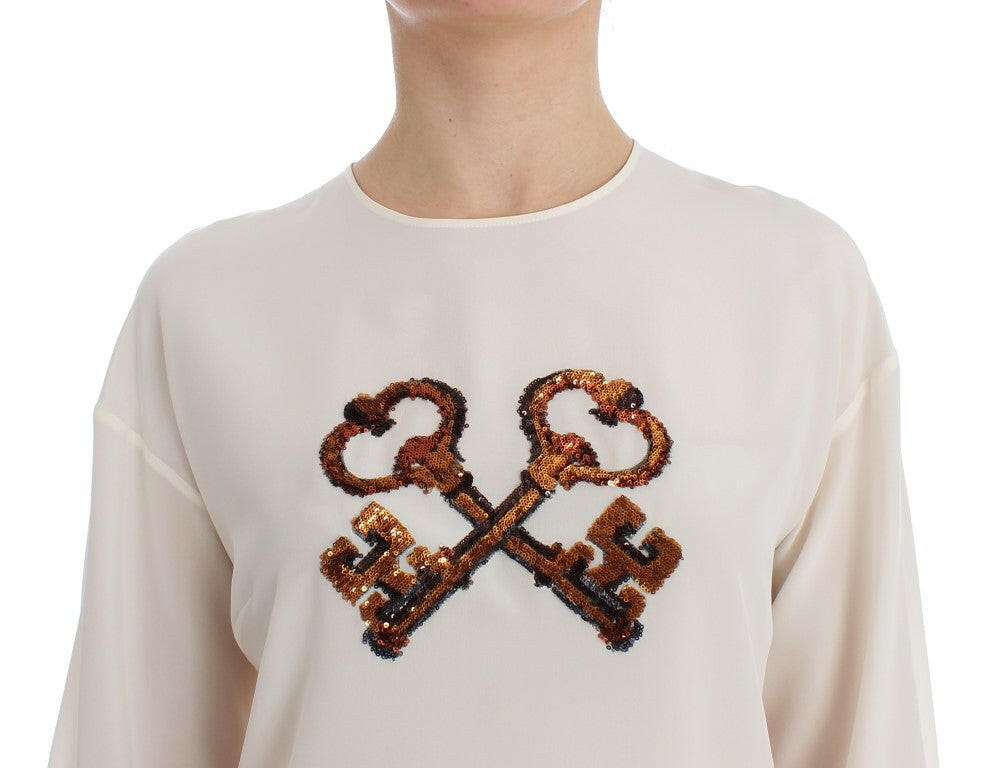 Dolce & Gabbana White Sequined Key Silk Blouse T-shirt Top - GENUINE AUTHENTIC BRAND LLC  