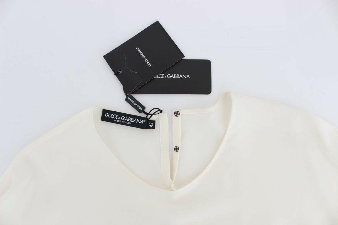Dolce & Gabbana White Sequined Key Silk Blouse T-shirt Top - GENUINE AUTHENTIC BRAND LLC  