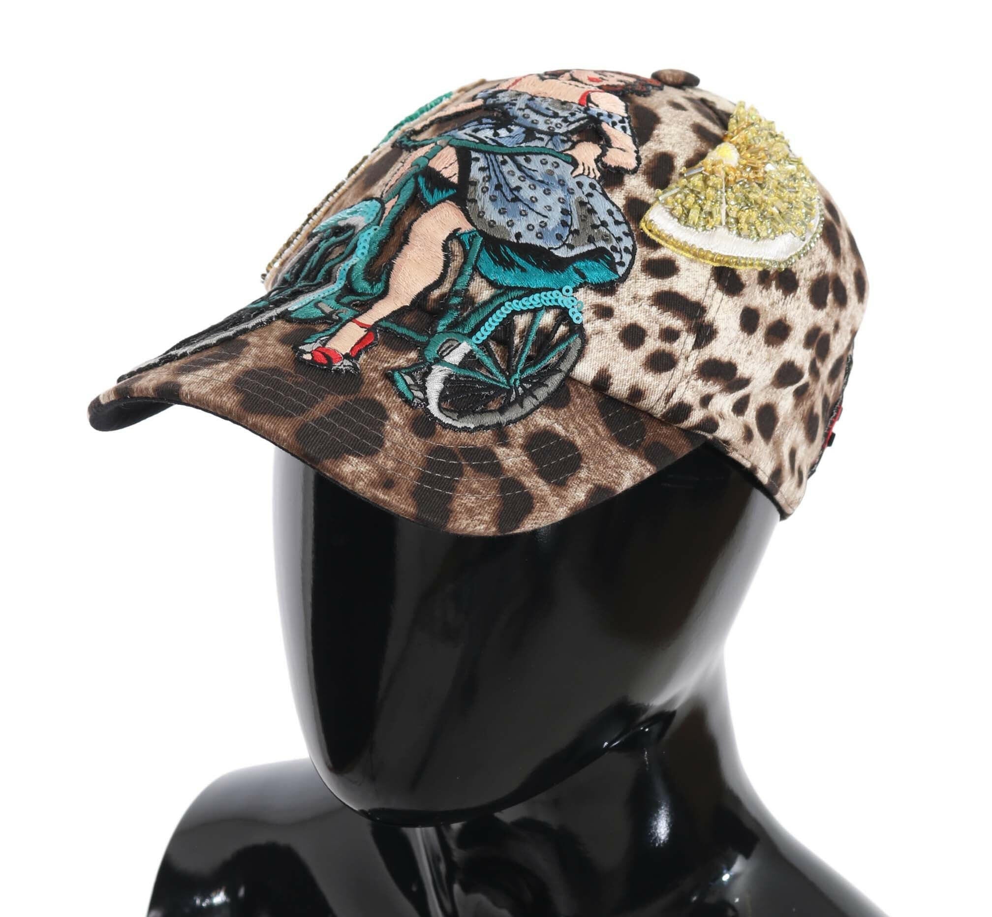 Dolce & Gabbana Brown Leopard Sequin Sicily Applique Baseball Hat.