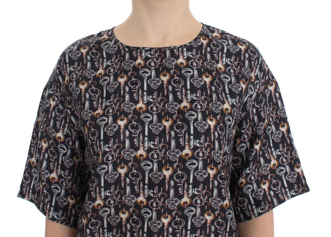 Dolce & Gabbana Gray Gold Key Print Silk Blouse T-shirt - GENUINE AUTHENTIC BRAND LLC  