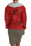 Dolce & Gabbana Elegant Red Crochet Knit Cardigan with Fur Collar.