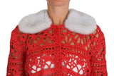 Dolce & Gabbana Elegant Red Crochet Knit Cardigan with Fur Collar.