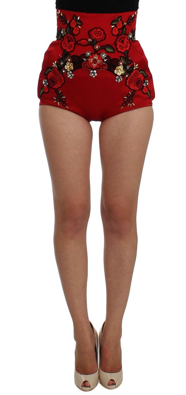 Dolce & Gabbana Red Silk Crystal Roses Shorts - GENUINE AUTHENTIC BRAND LLC  