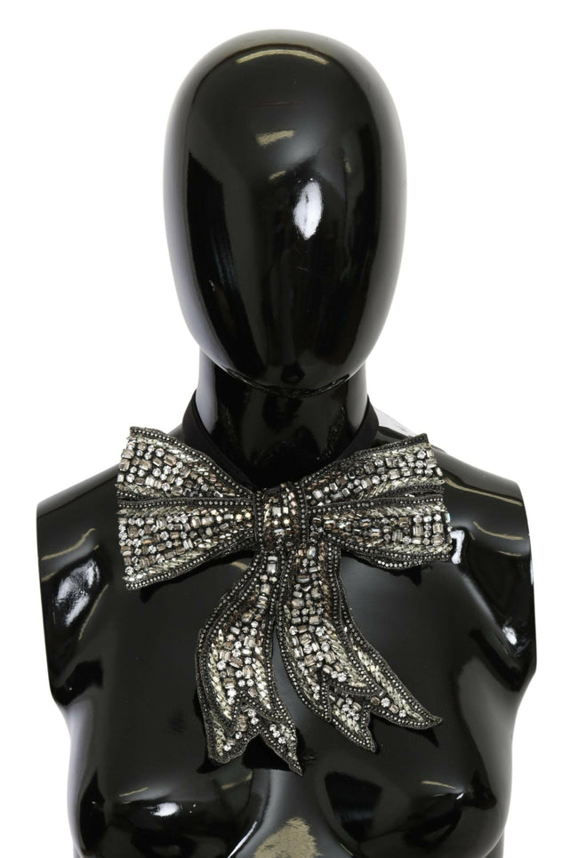 Dolce & Gabbana Silver Crystal Beaded Sequined 100% Silk Catwalk Necklace Bowtie - GENUINE AUTHENTIC BRAND LLC  