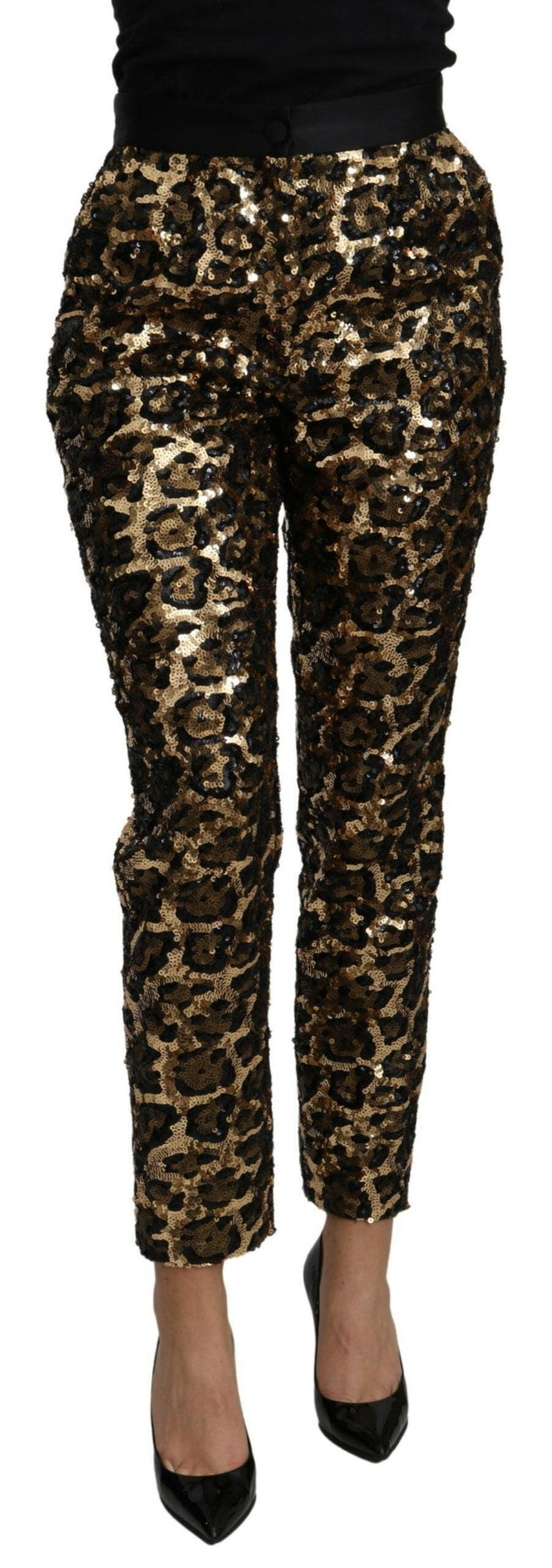 Dolce & Gabbana Gold Brown Leopard Sequined High Waist Pants - GENUINE AUTHENTIC BRAND LLC  