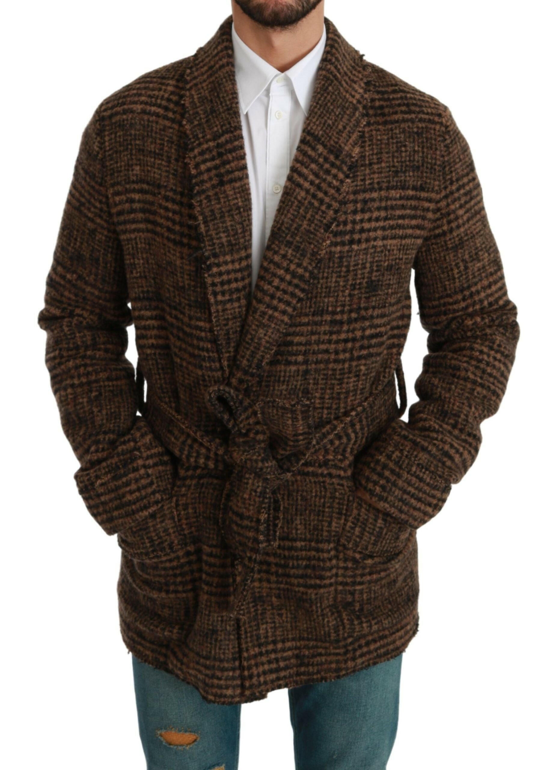 Dolce & Gabbana Brown Checkered Wool Robe Coat  Wrap Jacket - GENUINE AUTHENTIC BRAND LLC  
