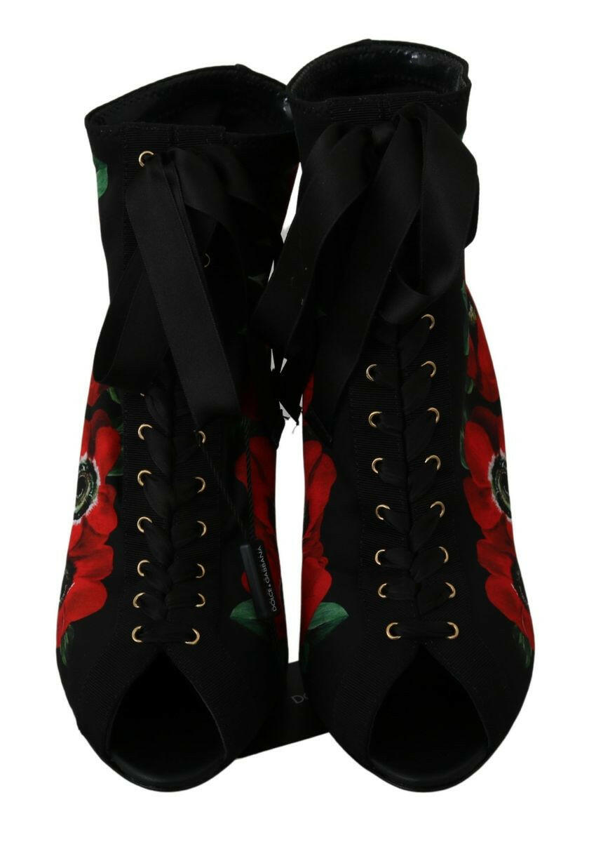 Dolce & Gabbana Black Red Roses Ankle Booties Shoes