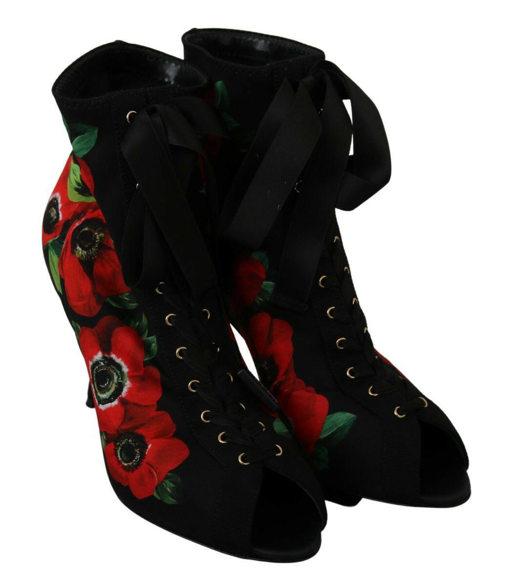 Dolce & Gabbana Black Red Roses Ankle Booties Shoes