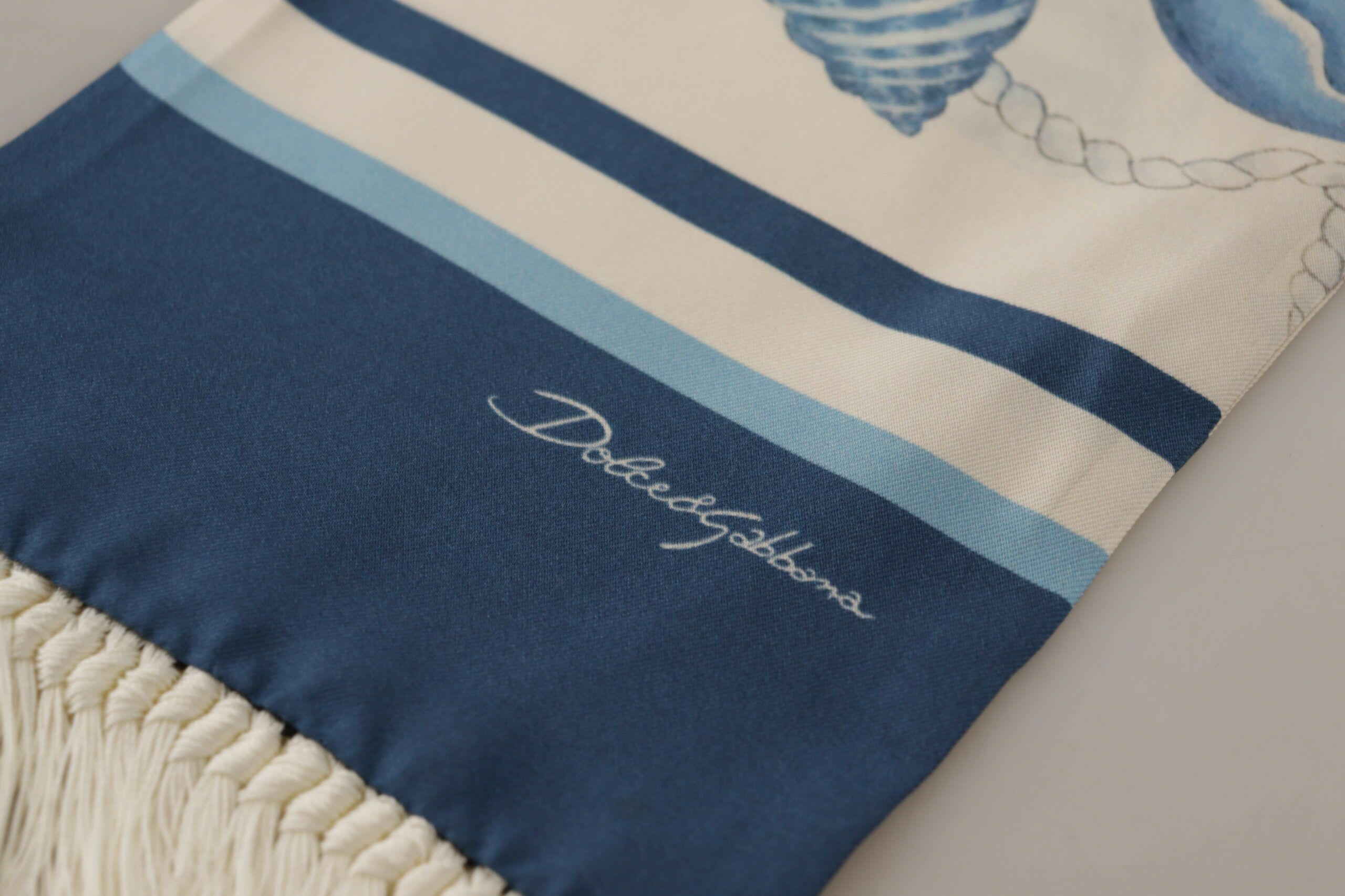 Dolce & Gabbana Blue Silk Shell Print White Shawl Fringes Scarf - GENUINE AUTHENTIC BRAND LLC  