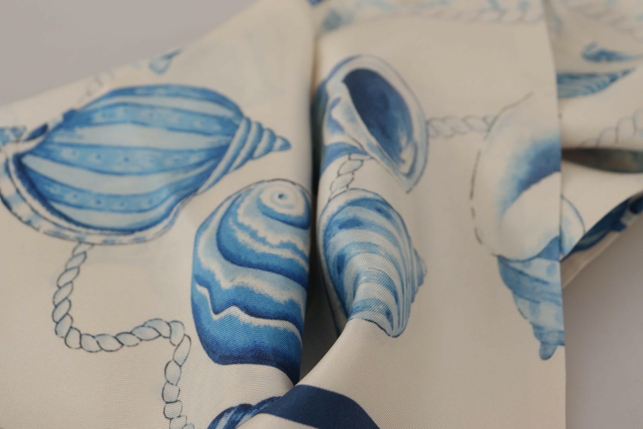 Dolce & Gabbana Blue Silk Shell Print White Shawl Fringes Scarf - GENUINE AUTHENTIC BRAND LLC  