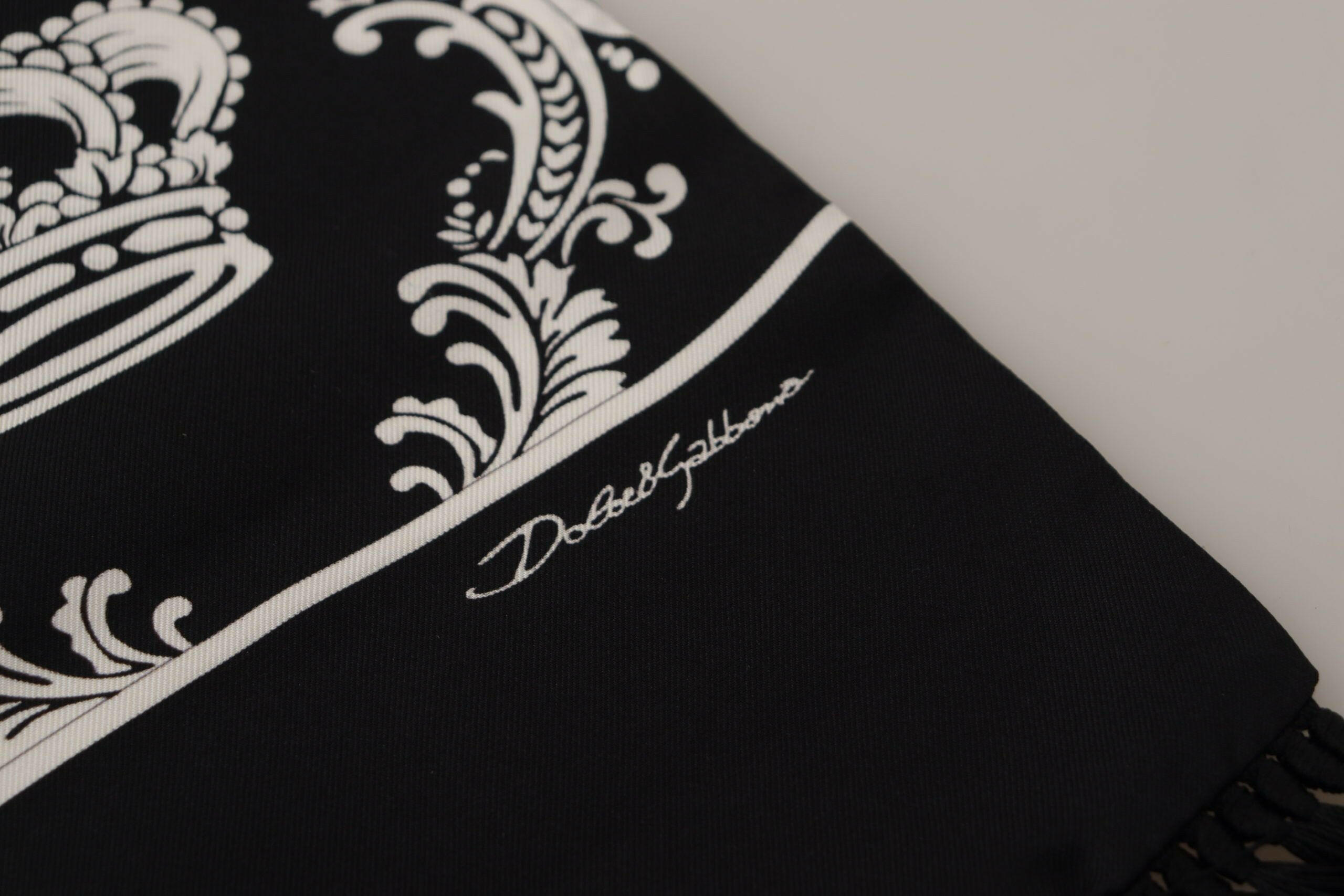 Dolce & Gabbana Black Silk Royal Crown Print Logo Shawl Fringe Scarf - GENUINE AUTHENTIC BRAND LLC  