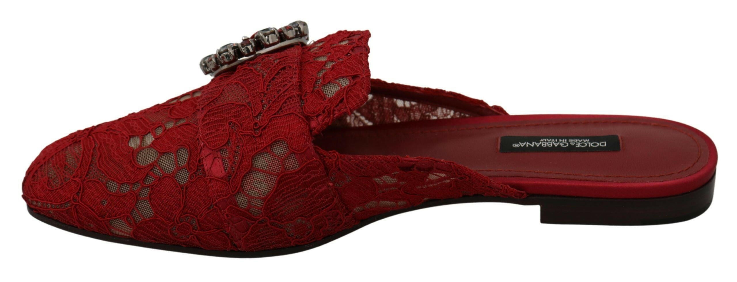 Dolce & Gabbana Red Lace Crystal Slide On Flats Shoes - GENUINE AUTHENTIC BRAND LLC  
