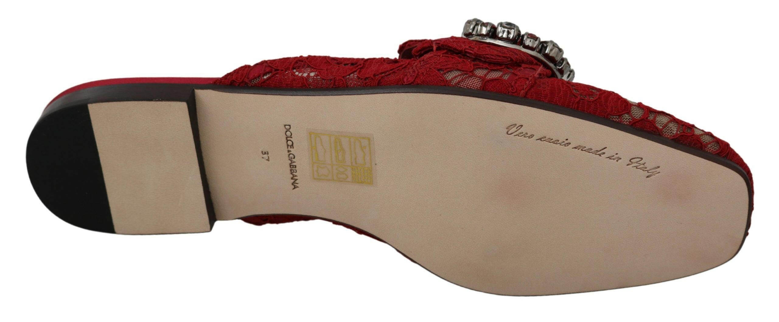 Dolce & Gabbana Red Lace Crystal Slide On Flats Shoes - GENUINE AUTHENTIC BRAND LLC  