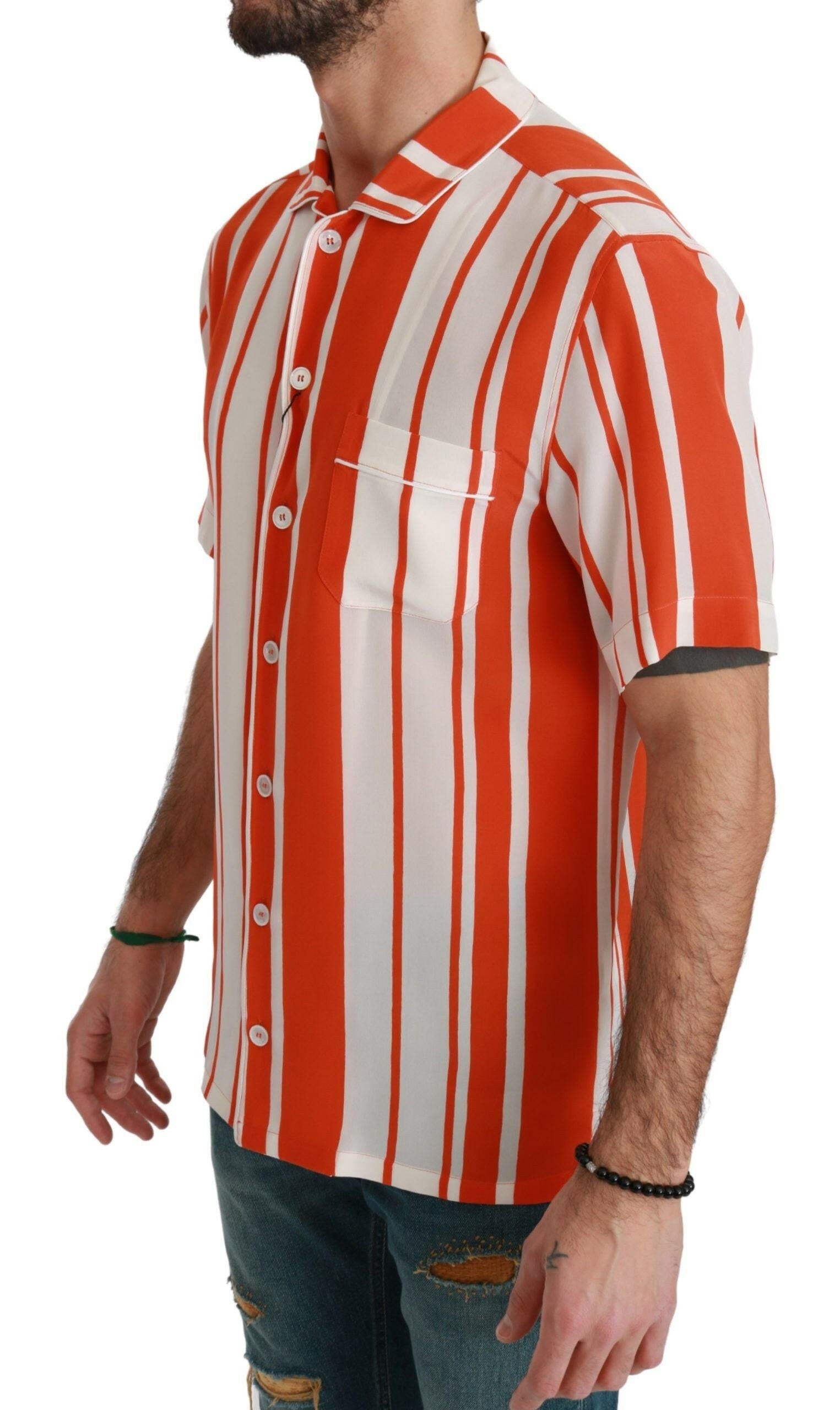 Dolce & Gabbana Orange Silk Striped Short Sleeve White Shirt - GENUINE AUTHENTIC BRAND LLC  