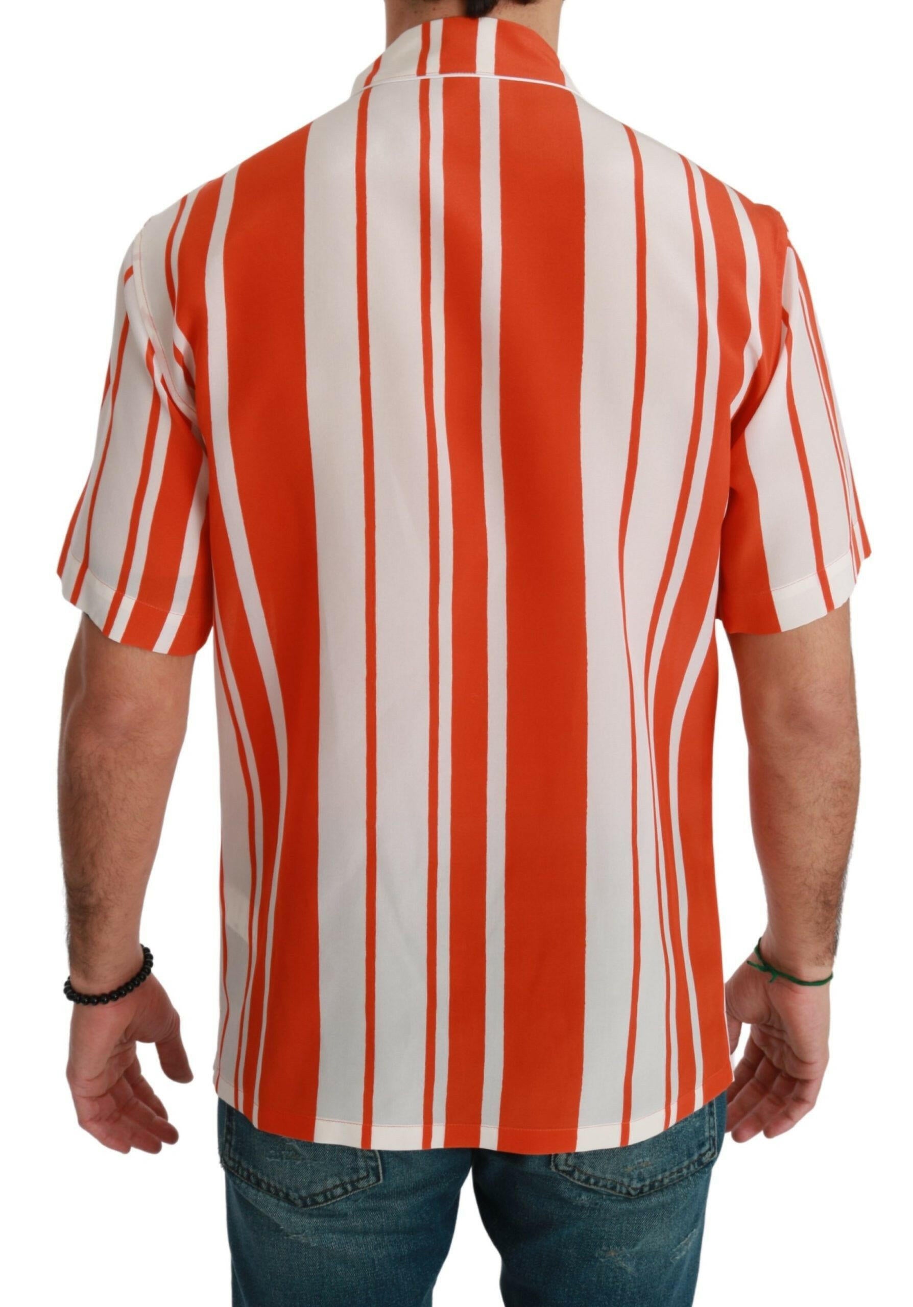 Dolce & Gabbana Orange Silk Striped Short Sleeve White Shirt - GENUINE AUTHENTIC BRAND LLC  
