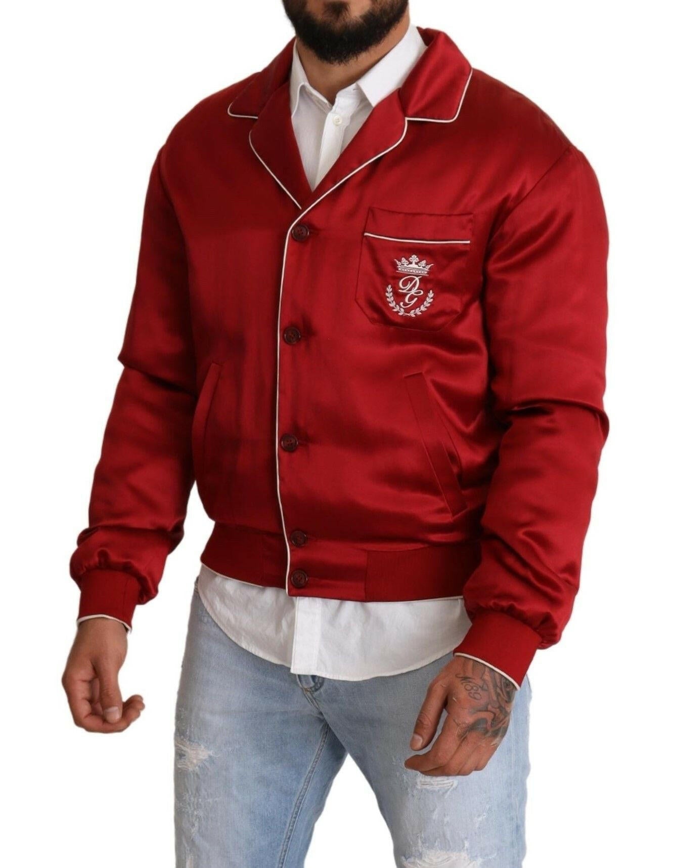 Dolce & Gabbana Red Silk Button DG Logo Bomber Jacket - GENUINE AUTHENTIC BRAND LLC  