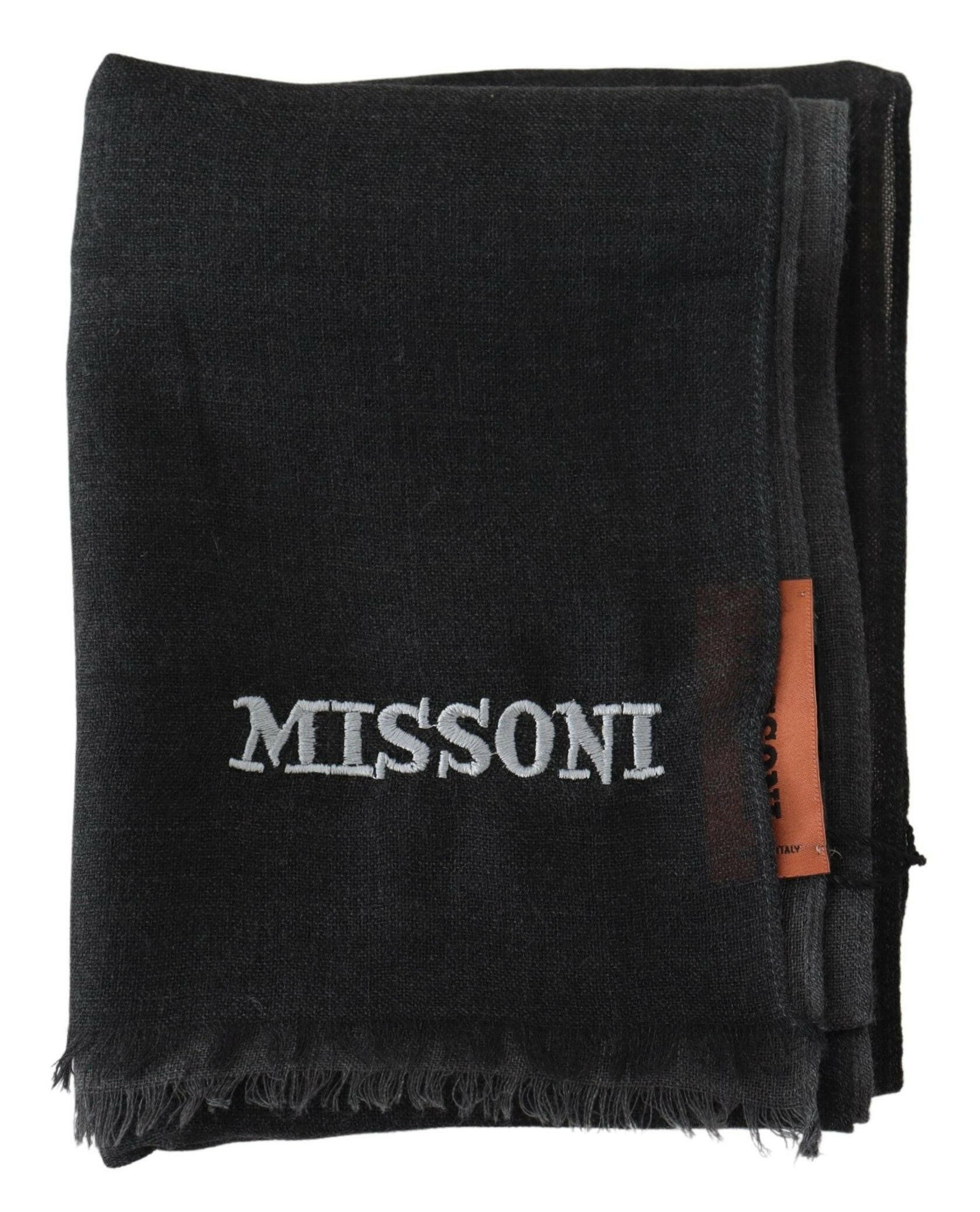 Missoni Black Wool Unisex Neck Wrap Shawl Fringes Logo Scarf - GENUINE AUTHENTIC BRAND LLC  