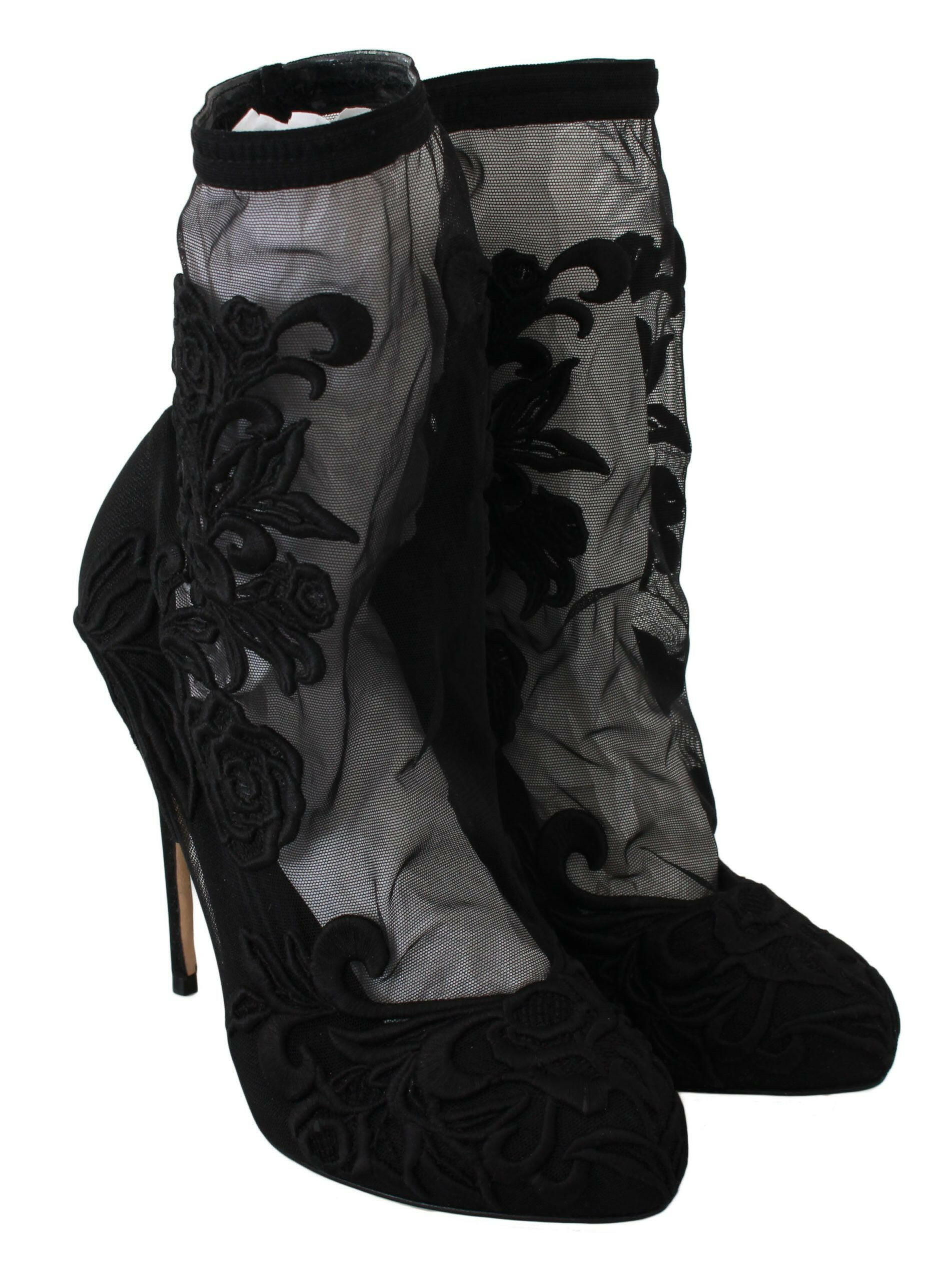Dolce & Gabbana Black Roses Stilettos Booties Socks Shoes - GENUINE AUTHENTIC BRAND LLC  