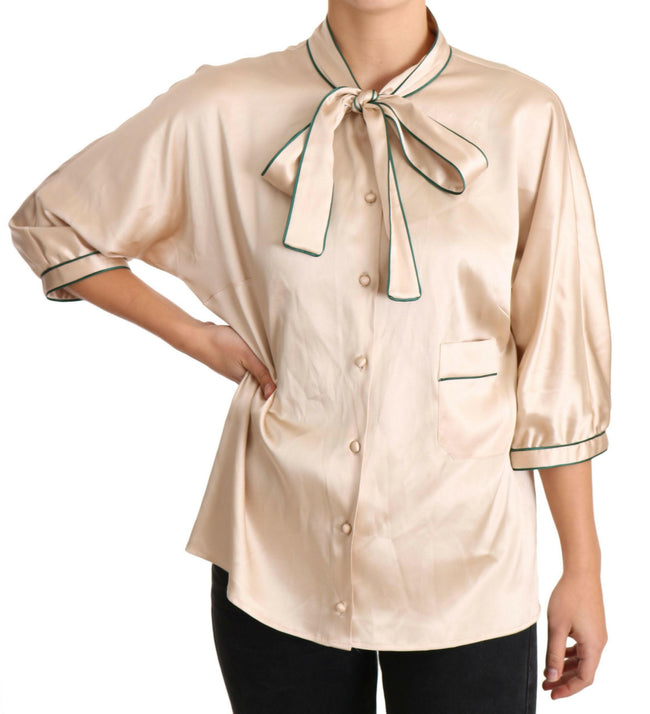 Dolce & Gabbana Beige Ribbon Silk Stretch Top Blouse - GENUINE AUTHENTIC BRAND LLC  