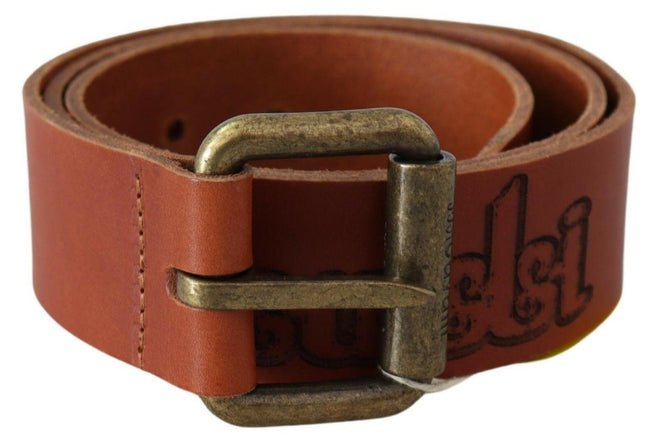 Just Cavalli Brown Leather Logo Bronze Rustic Metal Buckle Belt - GENUINE AUTHENTIC BRAND LLC  