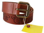 Just Cavalli Brown Leather Logo Bronze Rustic Metal Buckle Belt - GENUINE AUTHENTIC BRAND LLC  