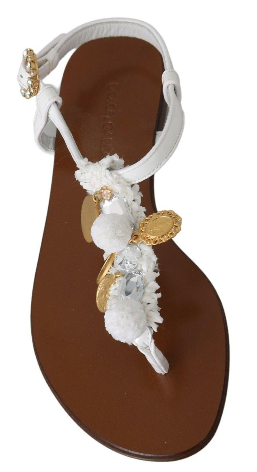 Dolce & Gabbana White Leather Coins Flip Flops Sandals Shoes - GENUINE AUTHENTIC BRAND LLC  