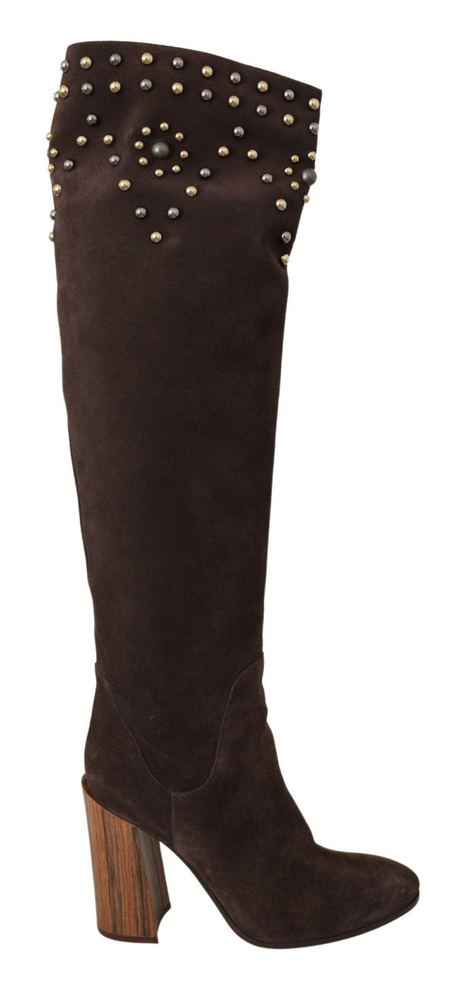 Dolce & Gabbana Brown Suede Studded Knee High Shoes Boots - GENUINE AUTHENTIC BRAND LLC  