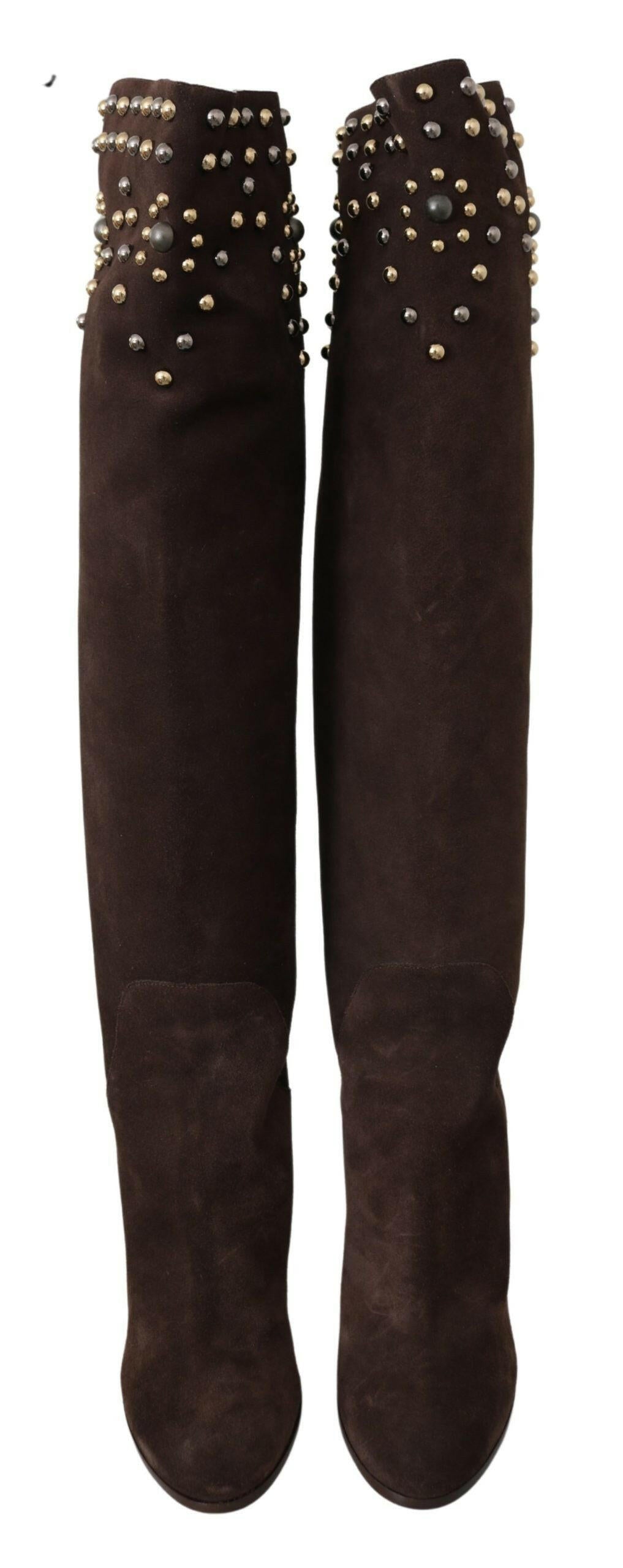 Dolce & Gabbana Brown Suede Studded Knee High Shoes Boots - GENUINE AUTHENTIC BRAND LLC  