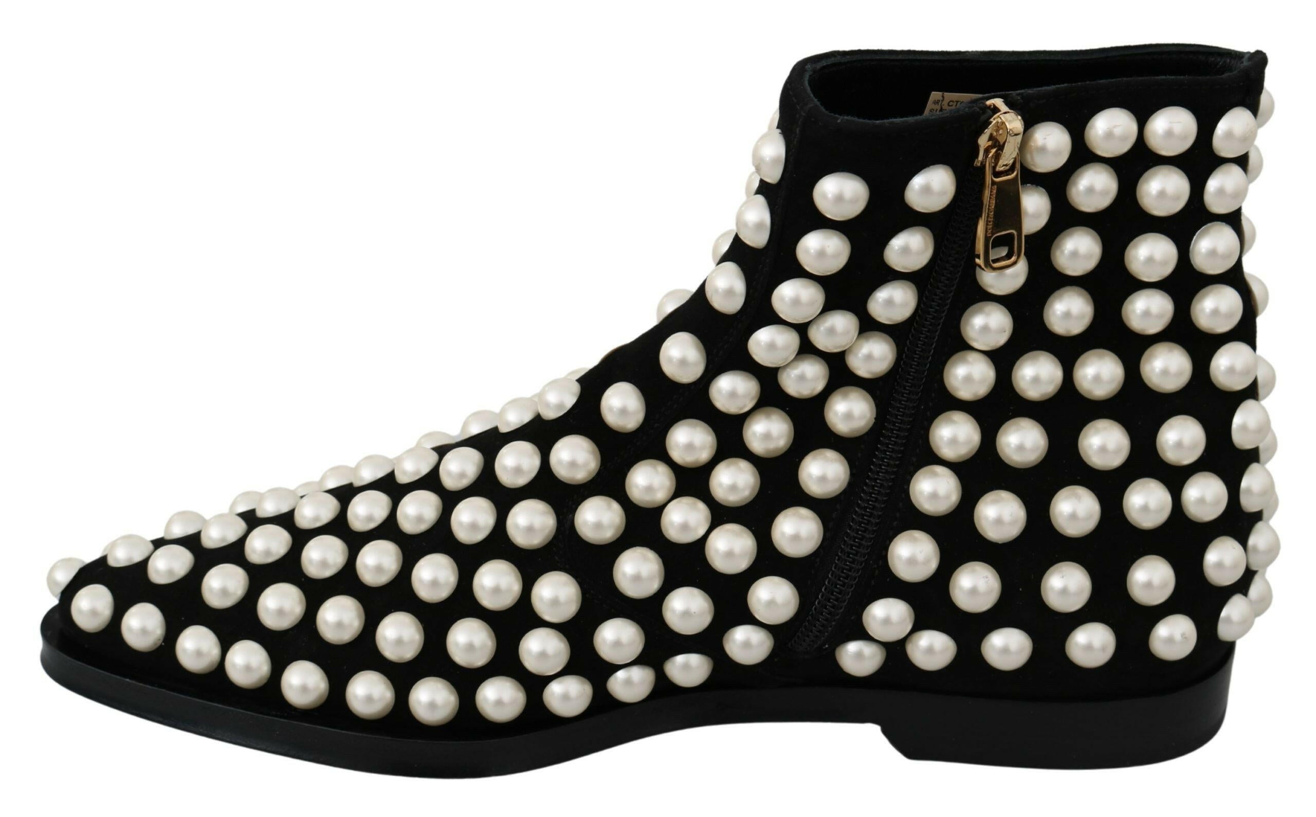 Dolce & Gabbana Black Suede Pearl Studs Boots Shoes - GENUINE AUTHENTIC BRAND LLC  