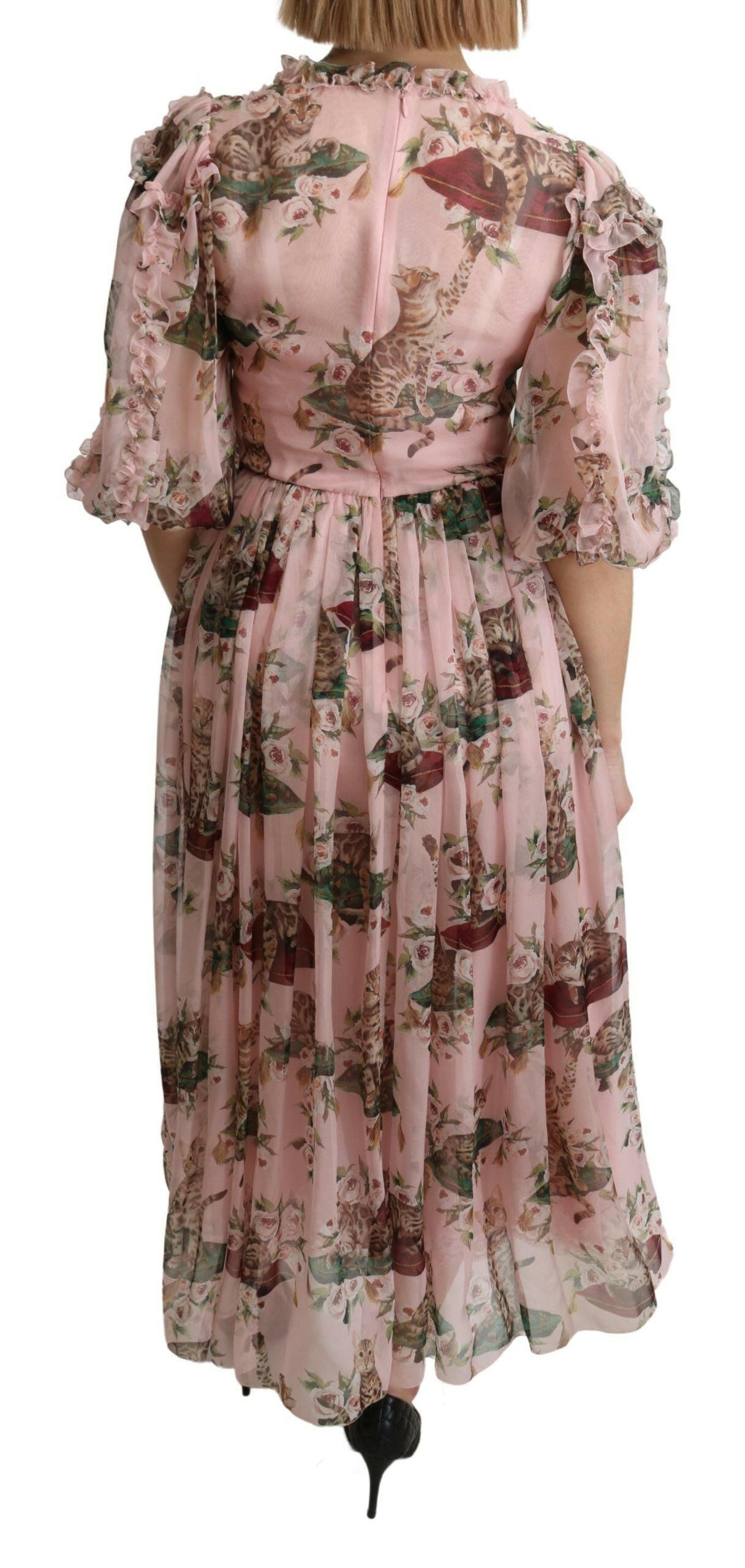 Dolce & Gabbana Pink Bengal Cat Print A-line Maxi Silk  Dress - GENUINE AUTHENTIC BRAND LLC  