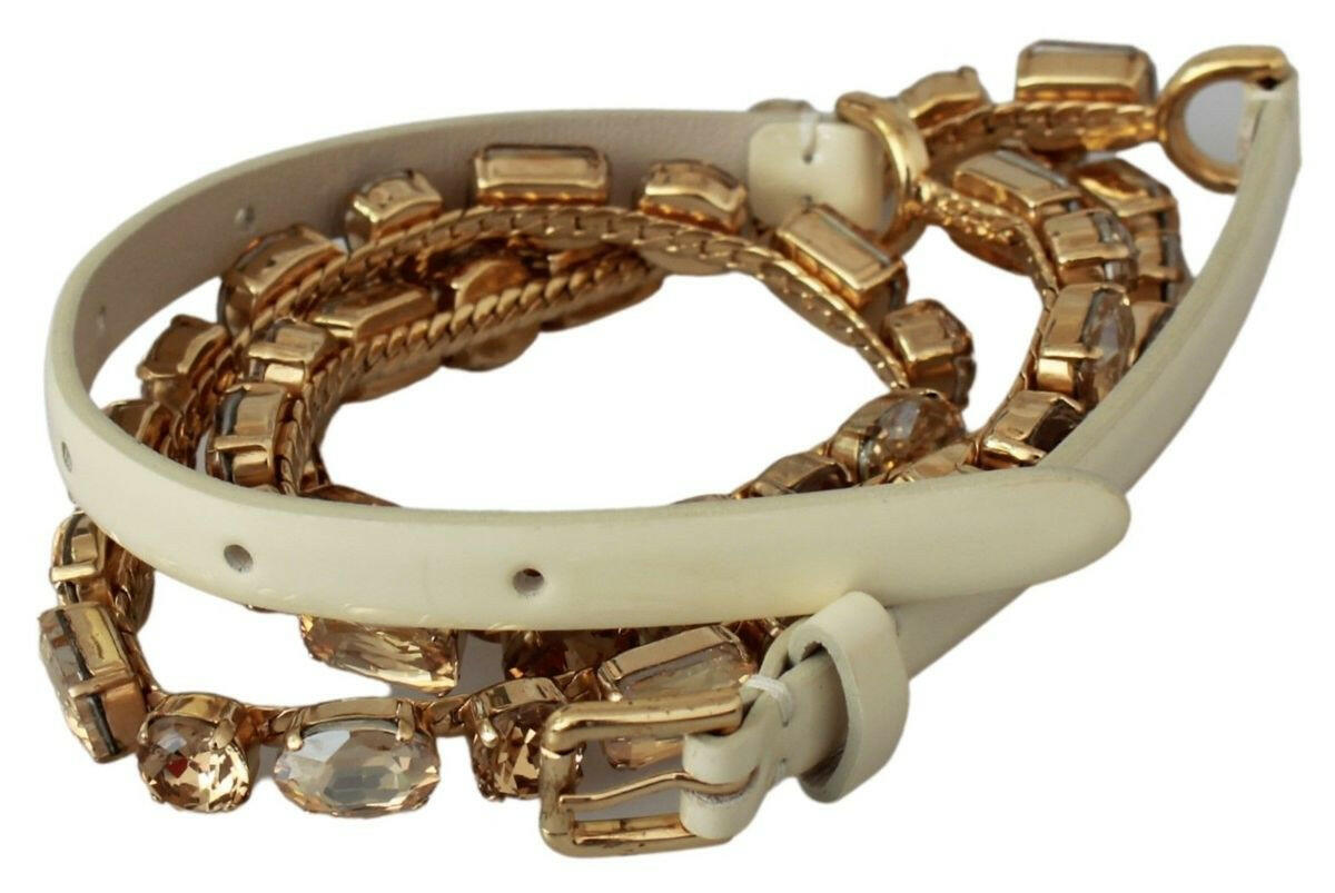 Dolce & Gabbana White Leather Crystals Waist Belt