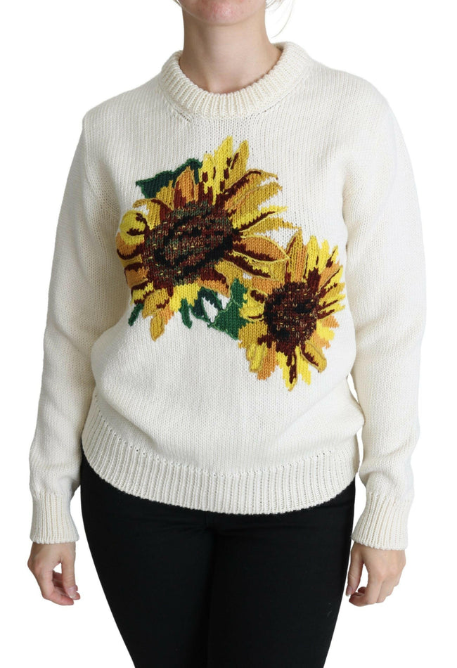 Dolce & Gabbana White Floral Wool Pullover Sunflower Sweater - GENUINE AUTHENTIC BRAND LLC  