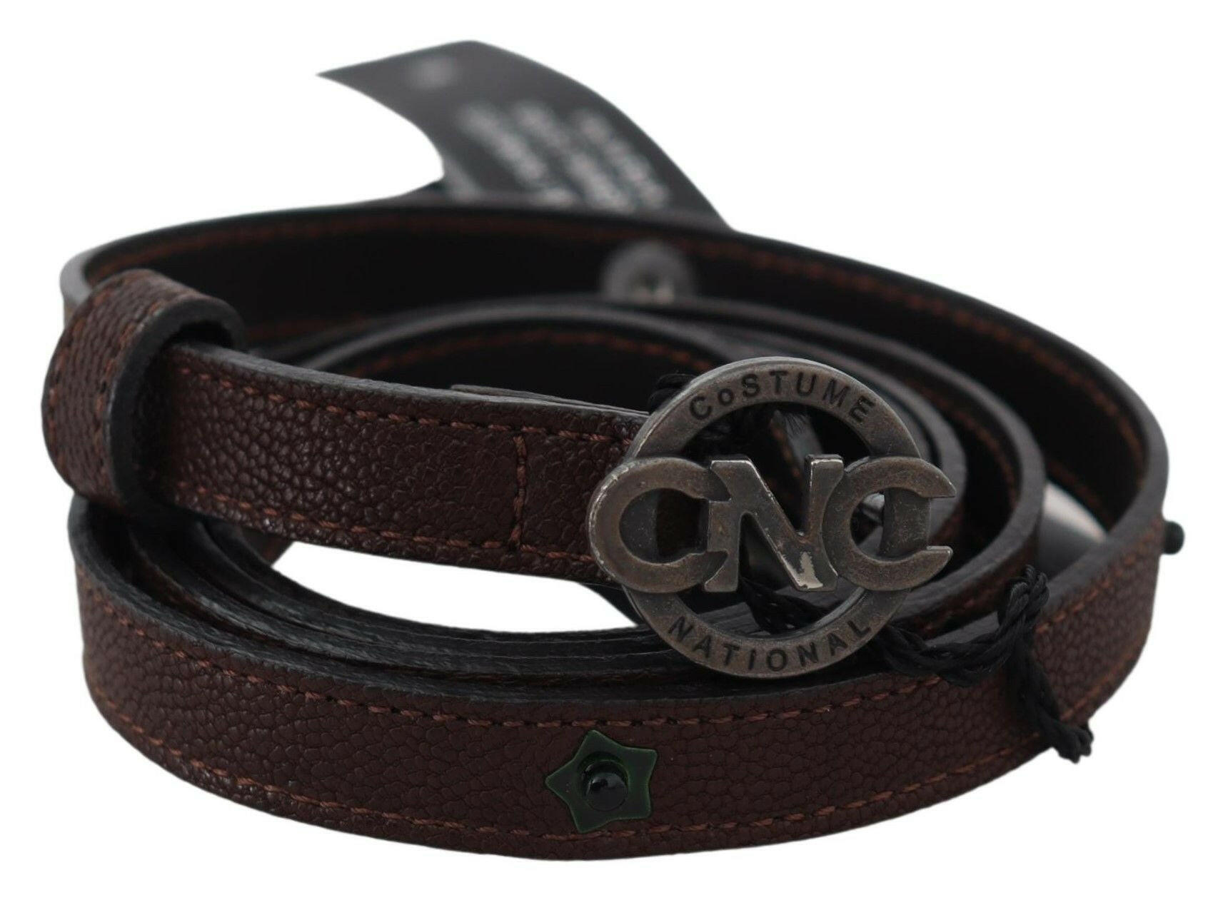 Costume National Brown Skinny Leather Round Logo Buckle Belt - GENUINE AUTHENTIC BRAND LLC  