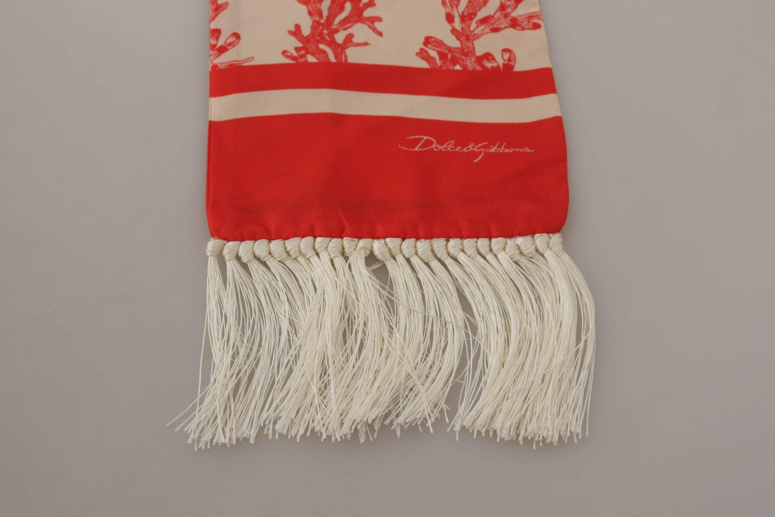 Dolce & Gabbana White Red Coral Print Shawl Wrap Fringe Scarf - GENUINE AUTHENTIC BRAND LLC  