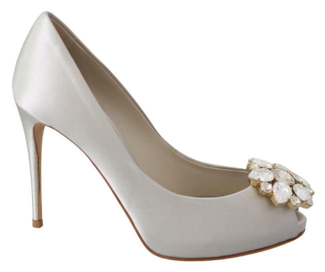 Dolce & Gabbana White Crystals Peep Toe Heels Satin Pumps Shoes - GENUINE AUTHENTIC BRAND LLC  
