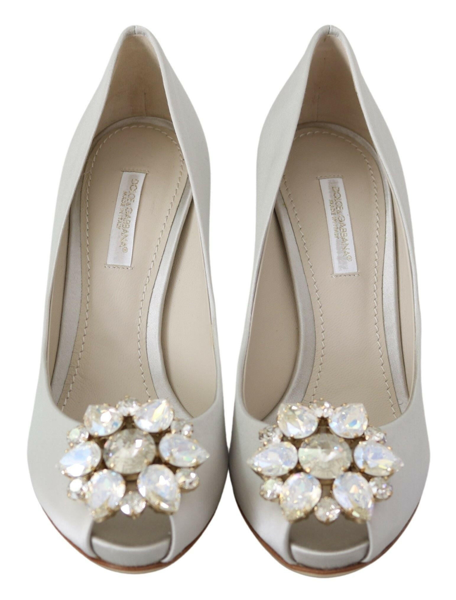 Dolce & Gabbana White Crystals Peep Toe Heels Satin Pumps Shoes - GENUINE AUTHENTIC BRAND LLC  