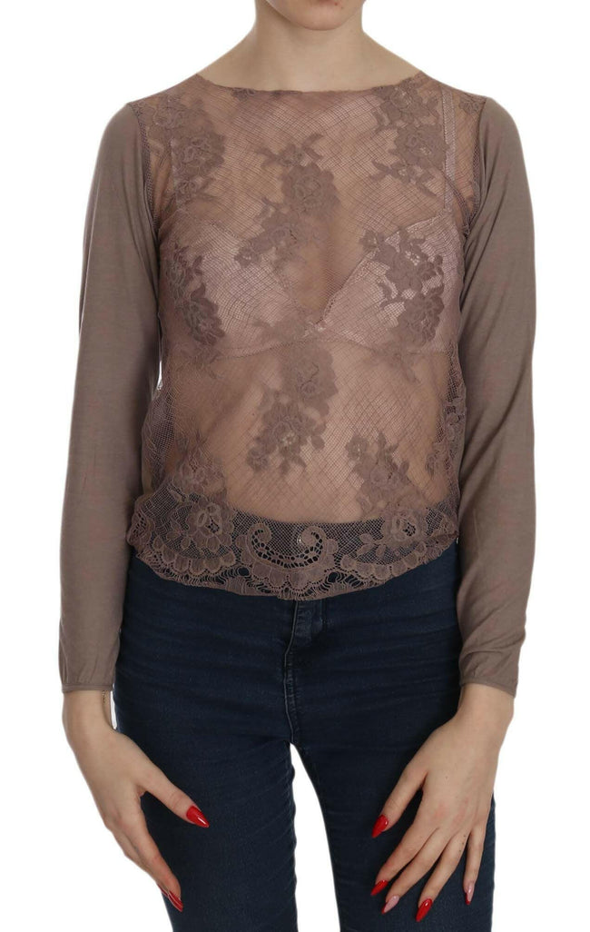 PINK MEMORIES Brown Lace See Through Long Sleeve Top - GENUINE AUTHENTIC BRAND LLC  