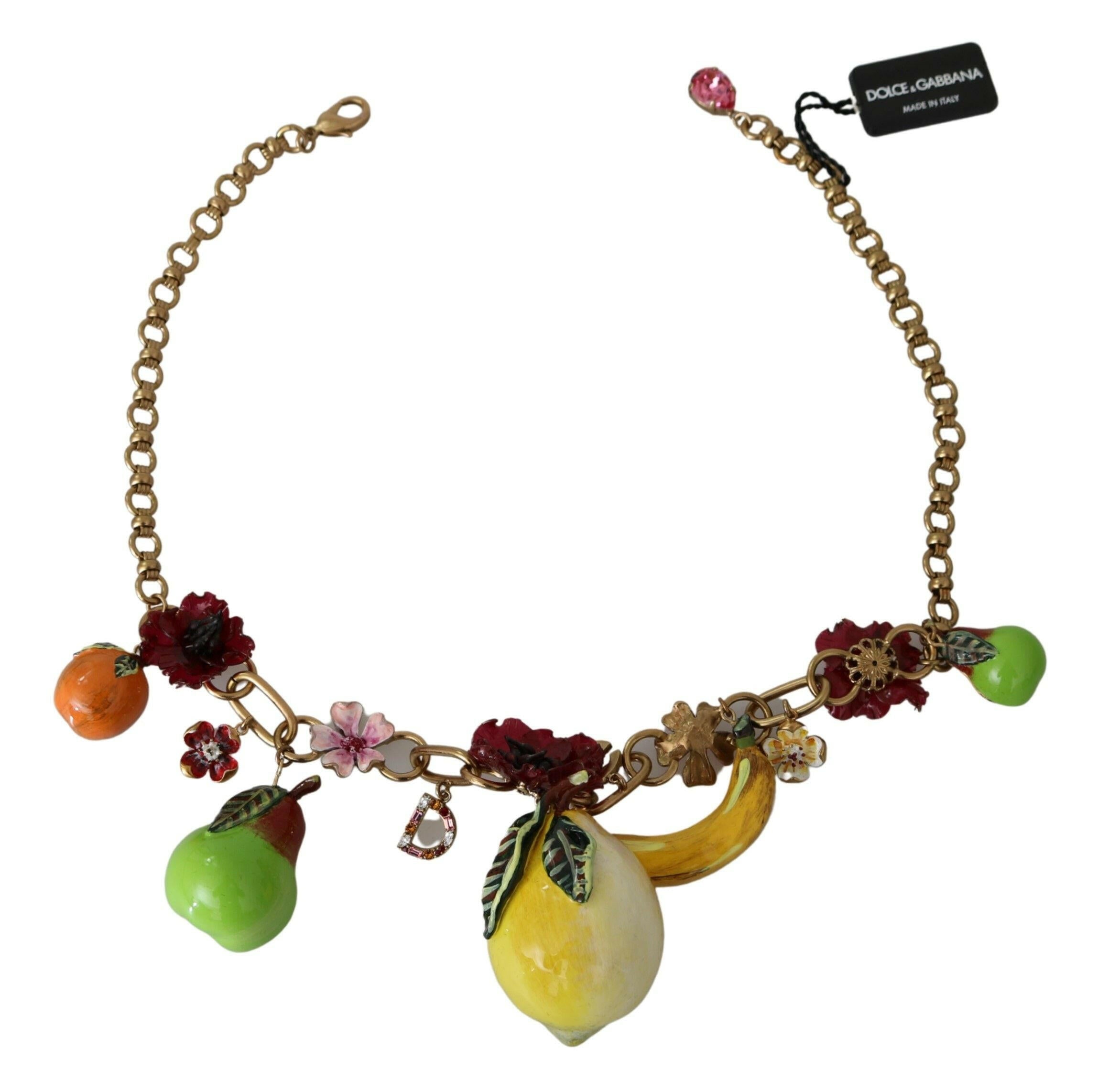 Dolce & Gabbana FRUIT Pendants Flowers Crystal DG Logo Gold Brass Necklace - GENUINE AUTHENTIC BRAND LLC  
