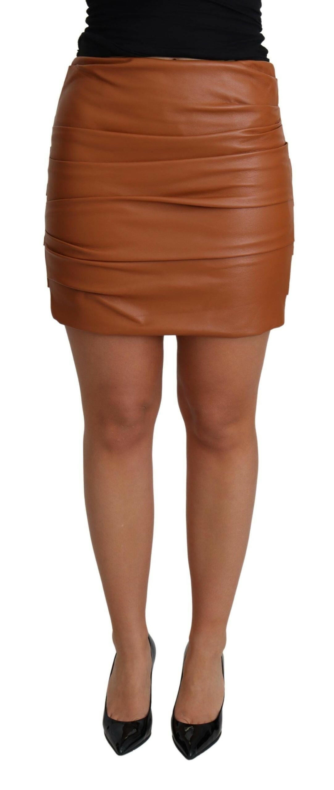 Dolce & Gabbana Brown Lambskin High Waist Mini Pleated Skirt - GENUINE AUTHENTIC BRAND LLC  