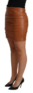 Dolce & Gabbana Brown Lambskin High Waist Mini Pleated Skirt - GENUINE AUTHENTIC BRAND LLC  