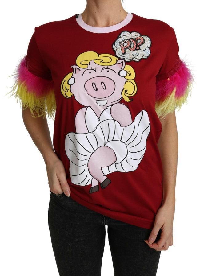 Dolce & Gabbana Red Pig Print Feather Sleeves T-shirt Top - GENUINE AUTHENTIC BRAND LLC  