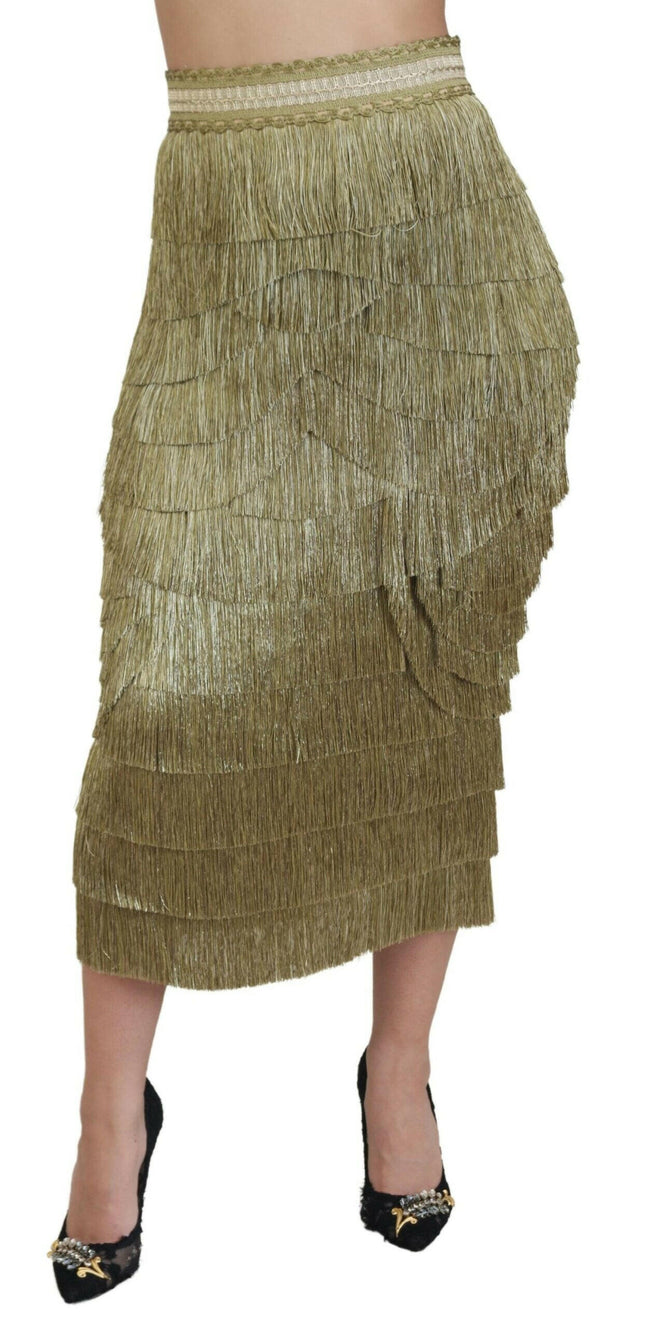 Dolce & Gabbana Gold Tiered Metallic Fringed Midi Silk Skirt - GENUINE AUTHENTIC BRAND LLC  