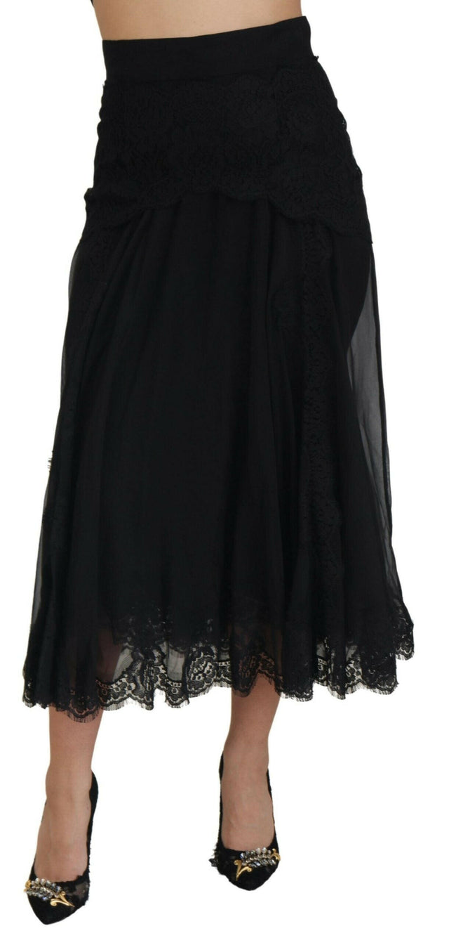 Dolce & Gabbana Black Silk Lace Trim High Waist Midi Skirt - GENUINE AUTHENTIC BRAND LLC  