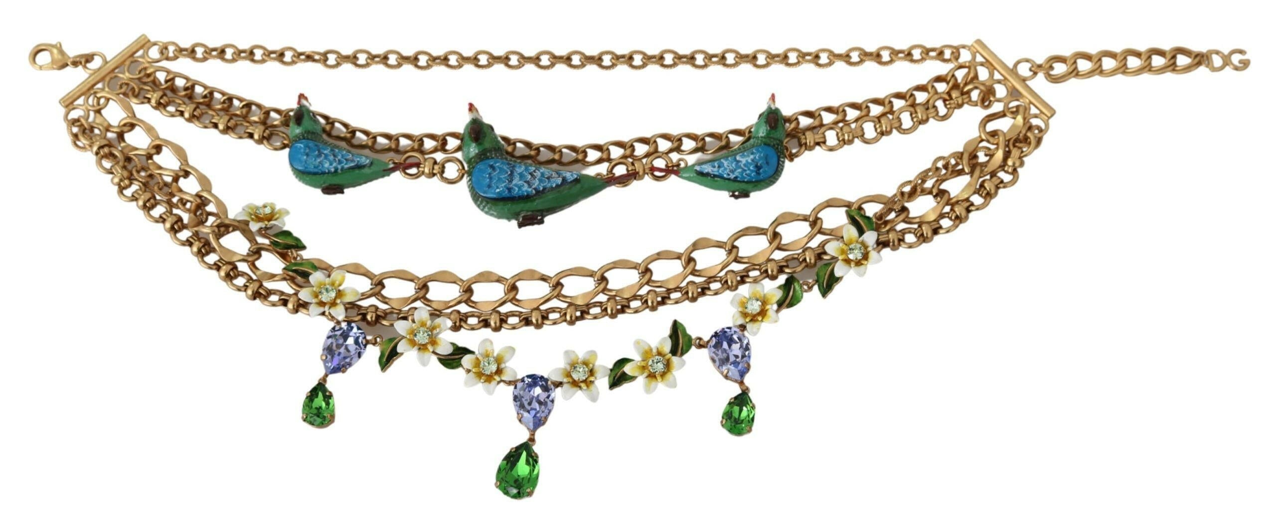 Dolce & Gabbana Gold Parrot Crystal Floral Charm Statement Necklace - GENUINE AUTHENTIC BRAND LLC  