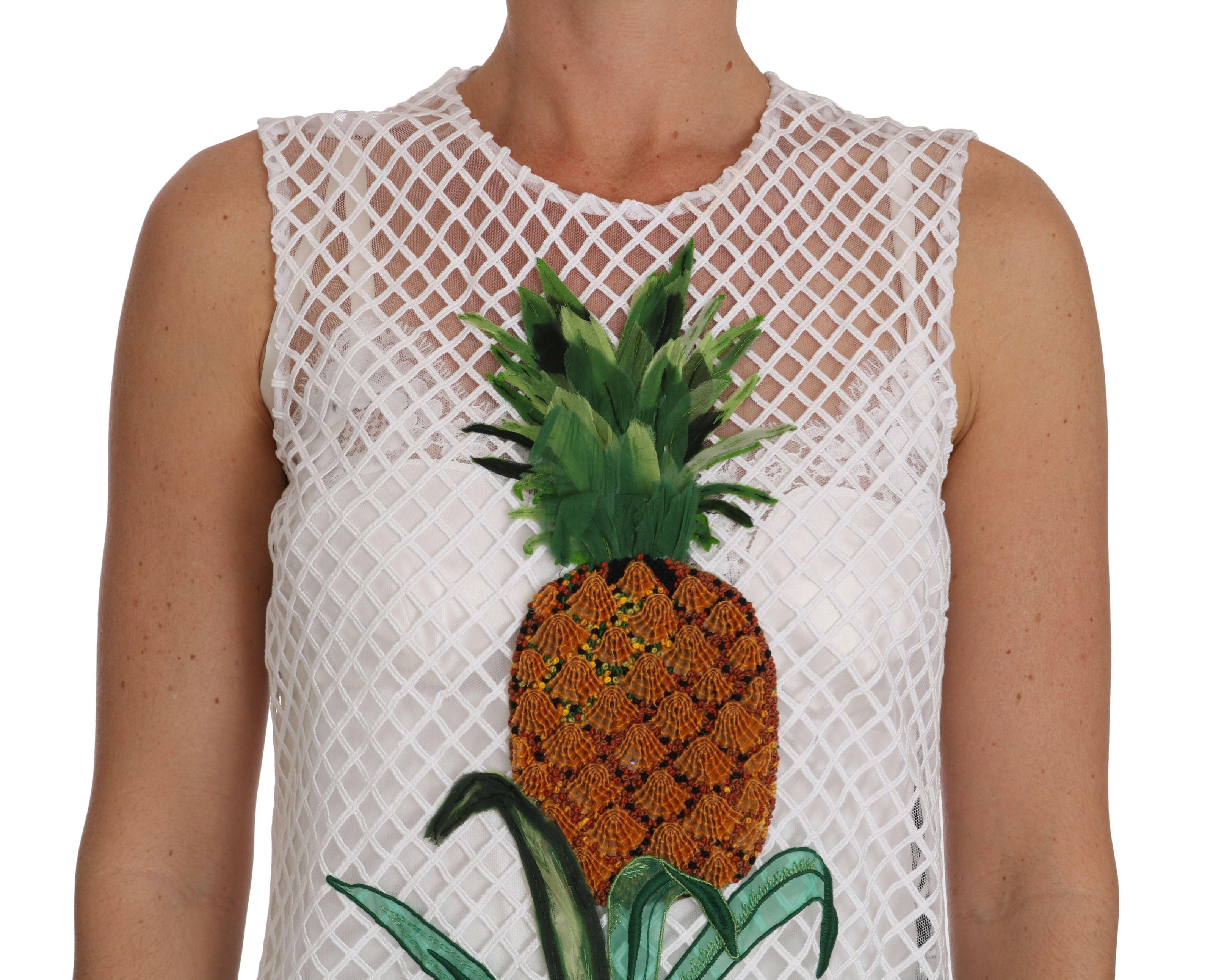 Dolce & Gabbana White Pineapple Sequined Applique Dress