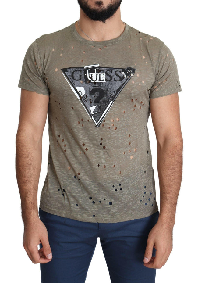 Guess Brown Cotton Stretch Logo Print Men Casual Perforated T-shirt - GENUINE AUTHENTIC BRAND LLC  
