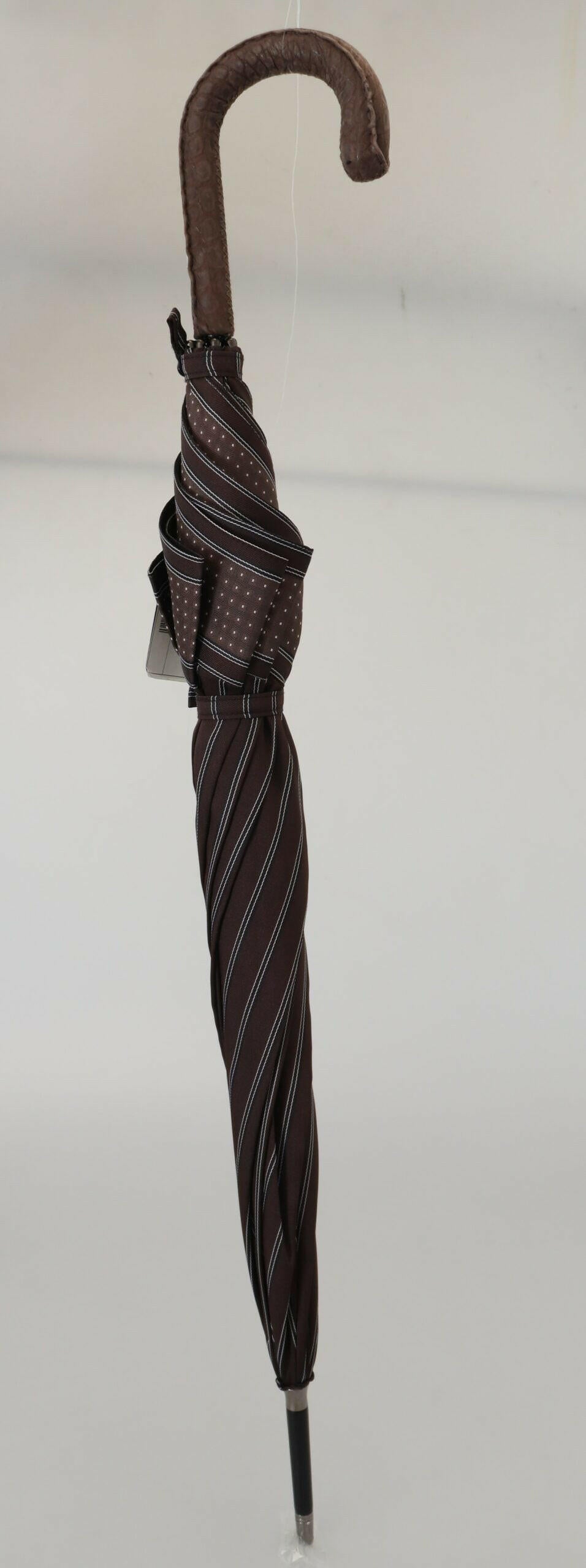 Dolce & Gabbana Brown Striped Leather Handle Collapsible Sartoria Umbrella - GENUINE AUTHENTIC BRAND LLC  
